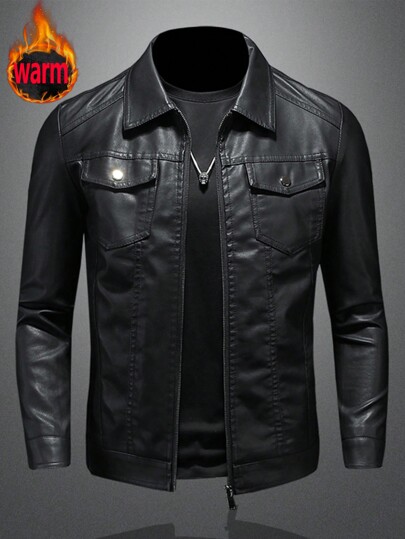 Real Men's Leather Jacket Distressed Vintage Lapel Men's Leather Jacket Slim Fit Short Men's Leather Jacket,Fleece