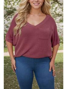 Ladies' Fashionable And Versatile Knitted Short Sleeved T-Shirt, Spring And Summer New Solid Color Loose V-Neck Pullover - Ferruginous Red - View 4