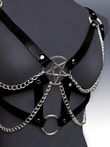 1件装女士哥特朋克风五芒星流苏链条性感胸带，适合万圣节派对、文艺复兴时期服装装饰 - 黑色 - 查看 3