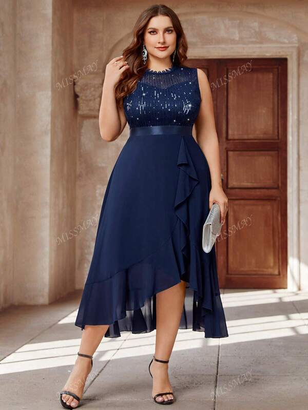 Plus Contrast Sequin Ruffle Trim Chiffon Evening Party Dress