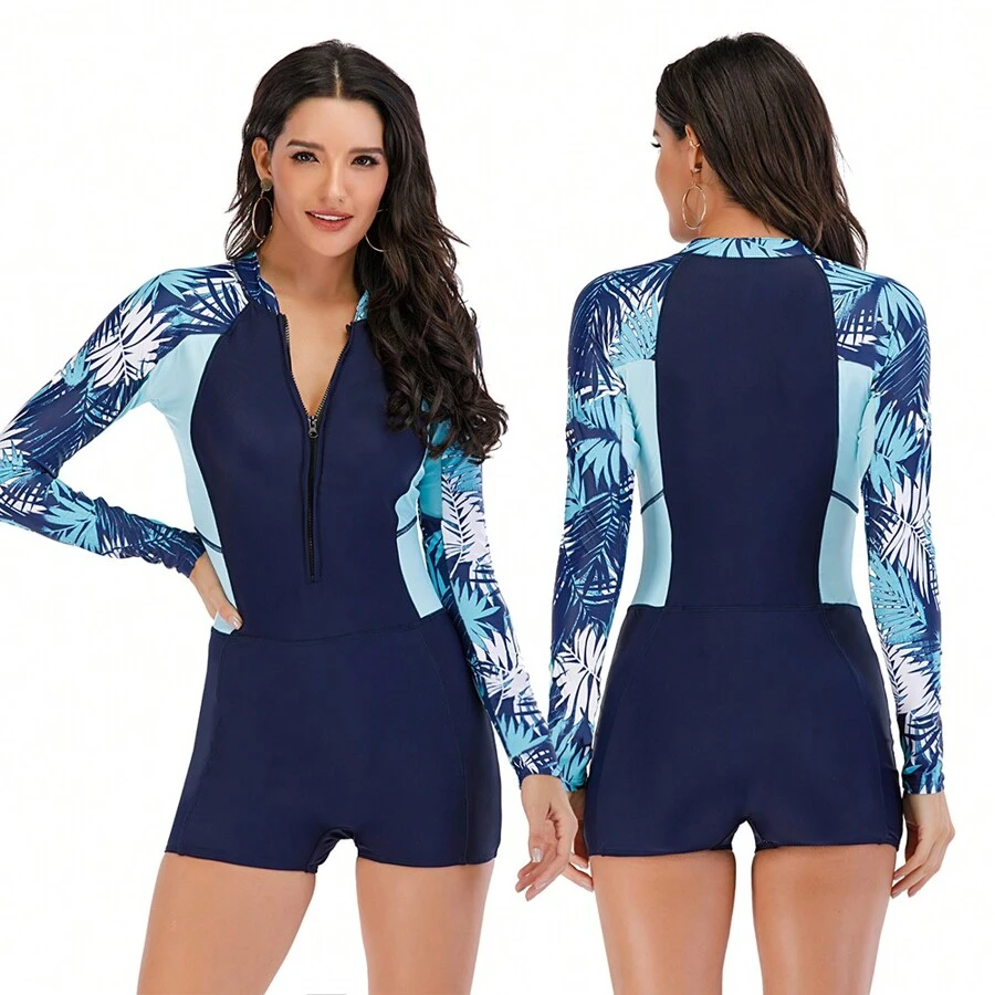 Traje de baño de surf para mujer Sexy Traje de baño de una pieza de manga larga Traje de baño de una pieza para natación, playa, surf Traje de baño de una pieza con fondo plano - Azul Marino - Ver 1