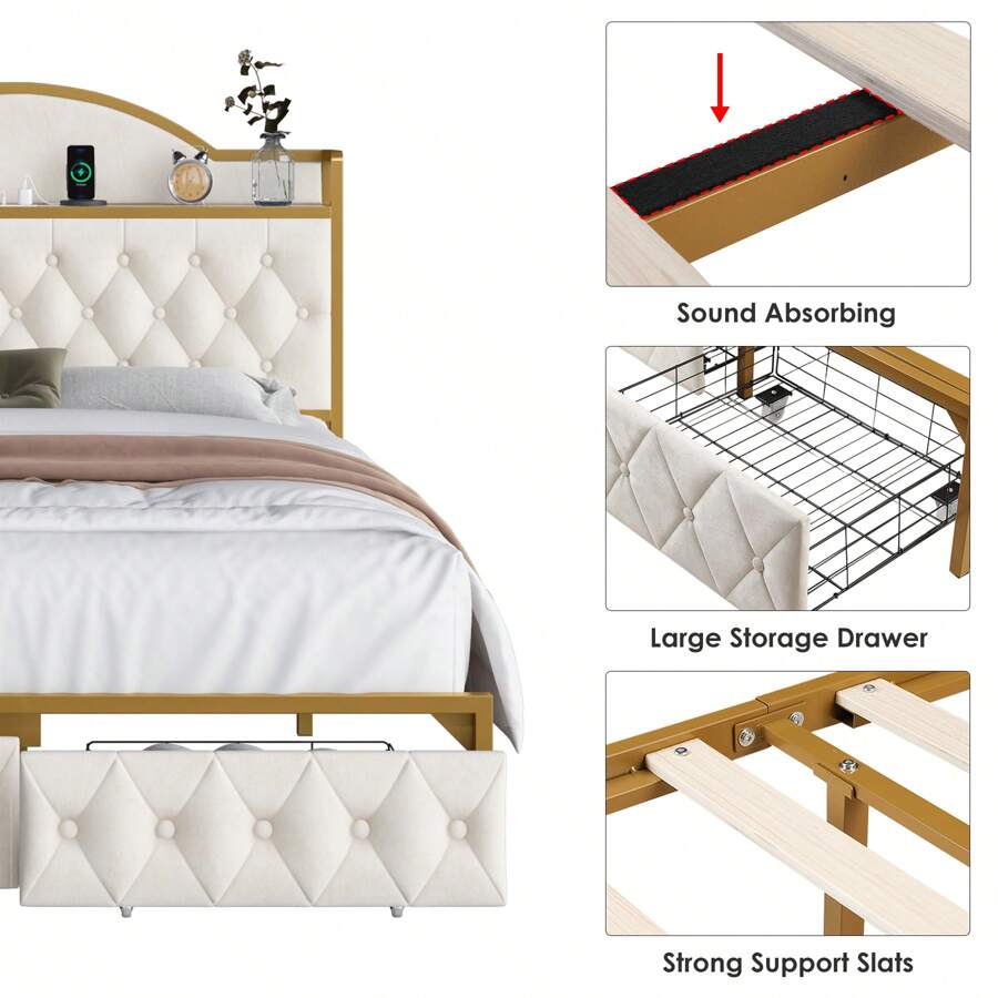 Full/Queen/King Size Bed Frame With Storage Headboard, Charging Station