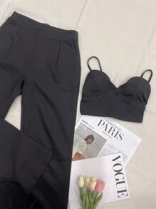 Elegant Tailored Set With Palazzo Pants And Cropped Top/DD032 - 黑色 - 查看 2