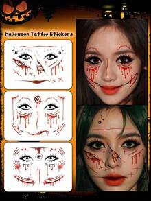 1pc Halloween Face Sticker, Scar & Blood Temporary Tattoo, Waterproof & Sweat-Resistant, Disposable Tattoo Sticker, Unisex, Suitable For Face, Neck, Arms And Other Body Parts, Creating Realistic Tattoo Effect - Multicolor - View 1