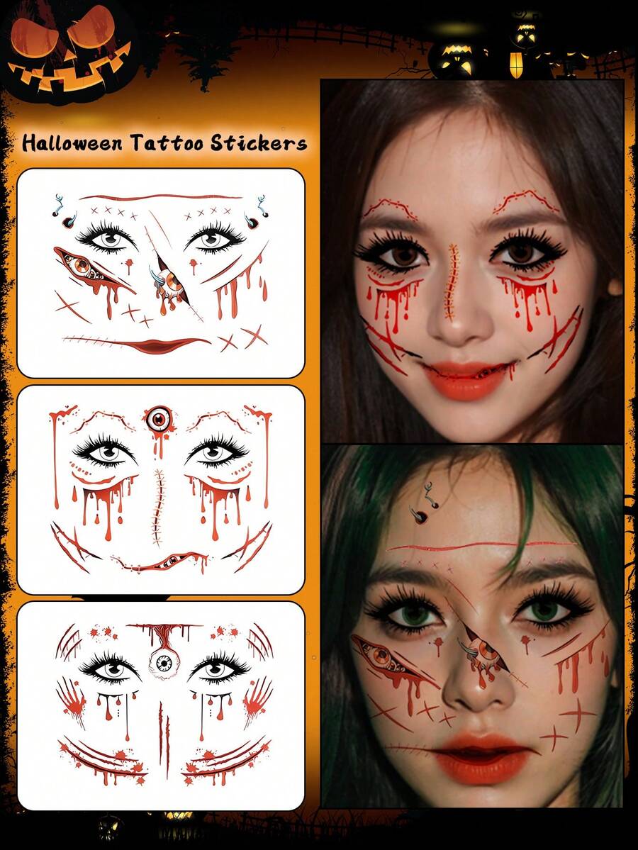 1pc Halloween Face Sticker, Scar & Blood Temporary Tattoo, Waterproof & Sweat-Resistant, Disposable Tattoo Sticker, Unisex, Suitable For Face, Neck, Arms And Other Body Parts, Creating Realistic Tattoo Effect - Multicolor - View 1