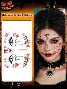 1pc Halloween Face Sticker, Scar & Blood Temporary Tattoo, Waterproof & Sweat-Resistant, Disposable Tattoo Sticker, Unisex, Suitable For Face, Neck, Arms And Other Body Parts, Creating Realistic Tattoo Effect - Multicolor - View 4