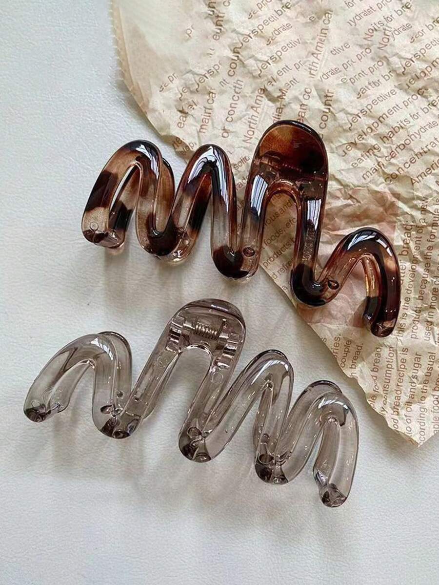 2个Y2K波浪设计超大号4.33英寸琥珀棕色轻质塑料发夹，时尚优雅简约纯色和渐变色发饰，适合女性日常佩戴、派对、通勤、旅行、发型、发爪、发夹、发卡、发夹、发饰，秋冬季度假装扮，夏季海滩风情。 - 彩色 - 查看 1