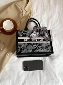 1 件 (10.63 英寸 * 4.11 英寸 * 7.87 英寸) 时尚女士手提包，大容量，方形款式，轻巧，优雅围巾装饰，适合购物、约会、聚会、通勤、字母图案，优雅简约休闲灰色和粉色女士手提包，时尚蝴蝶结钱包，适合女士 - 黑色 - 查看 6