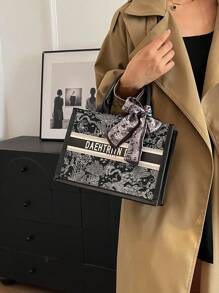 1 件 (10.63 英寸 * 4.11 英寸 * 7.87 英寸) 时尚女士手提包，大容量，方形款式，轻巧，优雅围巾装饰，适合购物、约会、聚会、通勤、字母图案，优雅简约休闲灰色和粉色女士手提包，时尚蝴蝶结钱包，适合女士 - 黑色 - 查看 3