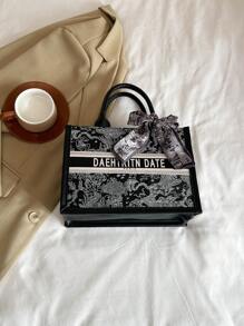 1 件 (10.63 英寸 * 4.11 英寸 * 7.87 英寸) 时尚女士手提包，大容量，方形款式，轻巧，优雅围巾装饰，适合购物、约会、聚会、通勤、字母图案，优雅简约休闲灰色和粉色女士手提包，时尚蝴蝶结钱包，适合女士 - 黑色 - 查看 5