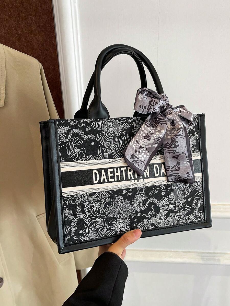 1 件 (10.63 英寸 * 4.11 英寸 * 7.87 英寸) 时尚女士手提包，大容量，方形款式，轻巧，优雅围巾装饰，适合购物、约会、聚会、通勤、字母图案，优雅简约休闲灰色和粉色女士手提包，时尚蝴蝶结钱包，适合女士