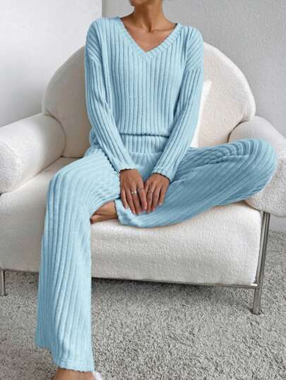 2 Pieces Set Of Women's V-Neck Long Sleeved Top & Pants Pajamas, Solid Color, Rib Knit Comfortable And Fashionable Home Clothing Set, Two Pieces Set Lounge Set, Fall Winter Clothes, Cool Light Blue