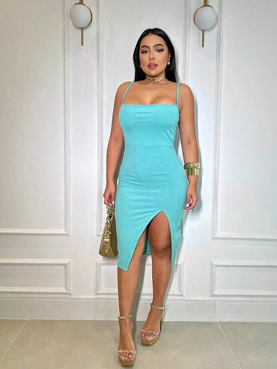 Sophisticated Midi Dress In Premium Ribana Fabric Square Neckline With Thin Straps And Side Slit Elegant Candy Colors Women's Summer Fashion - 綠色 - 查看 1