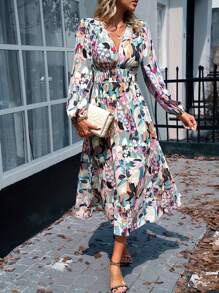 Long Sleeve Dress Women Floral Pattern V-Neck Elegant - 綠色 - 查看 1