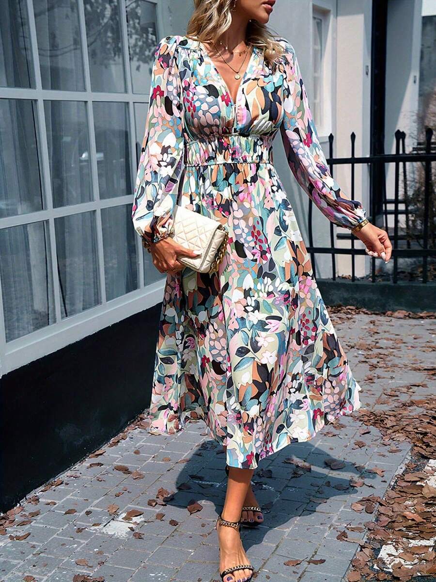 Long Sleeve Dress Women Floral Pattern V-Neck Elegant - 綠色 - 查看 1