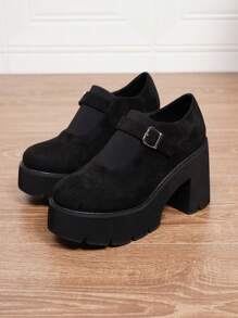 女士舒适黑色厚底坡跟鞋，秋冬季理想之选 - 黑色 - 查看 5