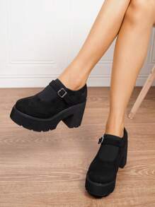 女士舒适黑色厚底坡跟鞋，秋冬季理想之选 - 黑色 - 查看 2
