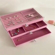 1 件透明珠宝收纳盒，母亲节礼物，3 层抽屉式收纳盒，用于存放耳环、戒指、项链、手镯、吊坠、生日和周年纪念礼物、展示盒 - 粉色 - 查看 2