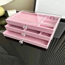 1 件透明珠宝收纳盒，母亲节礼物，3 层抽屉式收纳盒，用于存放耳环、戒指、项链、手镯、吊坠、生日和周年纪念礼物、展示盒 - 粉色 - 查看 7