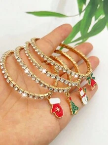4pcs/Set Christmas Series Crystal Rhinestone Gold Elastic Bangle Bracelet Set For Women - Bracelet - View 2