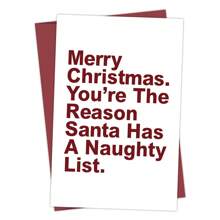 1pc Humorous Christmas Greeting Card - "Merry Christmas. You're The Reason Santa Has A Naughty List" - Perfect For Friends & Family, Suitable For Christmas & Birthday Occasions