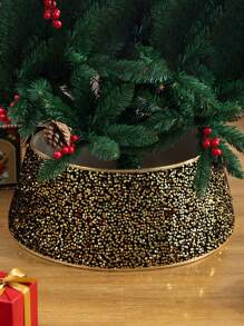 1pc- Christmas Decorations, Glitter Christmas Tree Skirt, 22 "Black And Gold Christmas Tree Skirt, For Fall/Winter Holiday Sparkle Decoration, Christmas Tree Stand Round Base Decoration, Artificial Tree Enclosure Room Home Decoration Best Gifts Birthday Room Decor - Multicolor - View 1