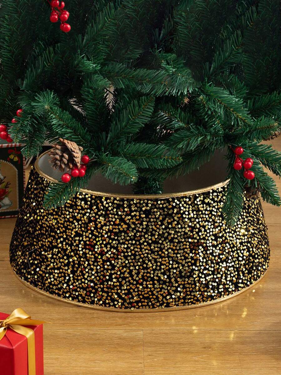 1pc- Christmas Decorations, Glitter Christmas Tree Skirt, 22 "Black And Gold Christmas Tree Skirt, For Fall/Winter Holiday Sparkle Decoration, Christmas Tree Stand Round Base Decoration, Artificial Tree Enclosure Room Home Decoration Best Gifts Birthday Room Decor - Multicolor - View 1