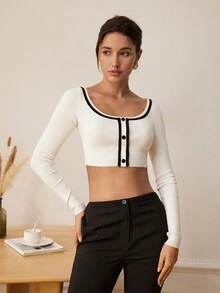 Women Round Neck Cropped Knit Cardigan - White - View 4