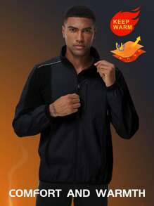 Boyfriend Style Men's Cycling Jacket With Rear Pocket, Active Mid Stretch Stand Collar Zip Up Windproof Jacket For Outdoor Fall Winter Wear - Black - View 2