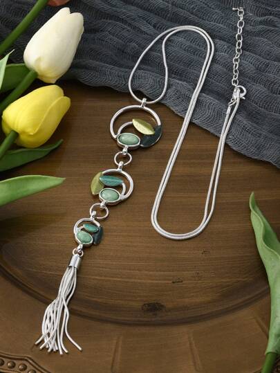 SophiaXuan 1pc Fashion Vintage Elegant Chic Creative Enamel Zinc Alloy Resin Geometric Decorated Long Pendant Necklace, Suitable For Women Daily Wear, Holiday, Party, Date, Gift