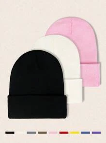 3 件装女士纯色针织帽，简约时尚，温暖户外帽，适合秋冬季 - 純色 - 查看 12