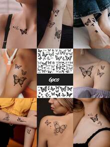 STARTTOOS Black Dynamic Butterfly & Floral Pattern Temporary Tattoo Stickers, Suitable For Fingers, Ears, Shoulders, Neck, Collarbone, Etc., DIY Daily Party Holiday Gift, Waterproof Realistic Tattoo Stickers - Black - View 4