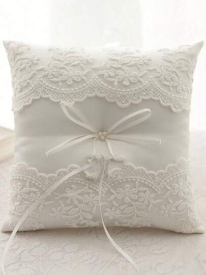 1 pieza Almohada portadorade anillos de satén marfil de 19cm con encaje para intercambio de anillos de boda de la novia y el novio, mejor regalo, decoración de boda, decoración del hogar, decoración de la habitación, decoraciones de cumpleaños, graduación, fiestas de soltera