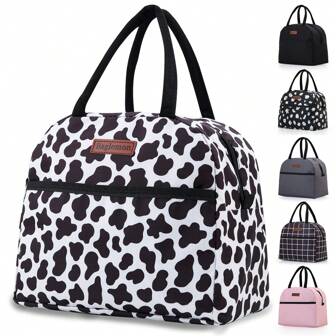GODWOODS Bolsa de almuerzo aislada con estampado de vaca blanco y negro unisex, bolsa de tote de almuerzo reutilizable de gran capacidad, adecuada para el trabajo y el picnic