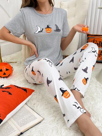 2pcs/Set Halloween Pumpkin & Bat Print Short Sleeve Shirt + Pumpkin & Bat Print Pants Pajama Set