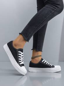 男女款休闲简约帆布运动鞋，黑白硫化橡胶鞋底 - 黑與白 - 查看 4