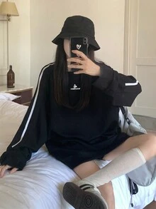 Casual Style Oversized Crew Neck Long Sleeve Sweatshirt,Long Sleeve Tops - Black - View 8