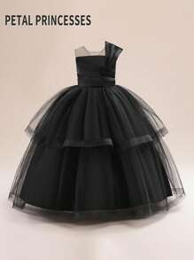Petal Princesses Tween Girls Solid Satin & Mesh Contrast Elegant Piano Recital Dress For School Performance, Birthday Party