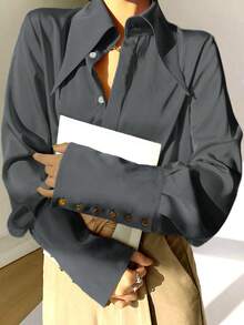 [Đặt may] Áo kiểu nữ dài tay màu trơn thời trang mới, thanh lịch cho mùa hè và xuân. - Xám - Xem 5