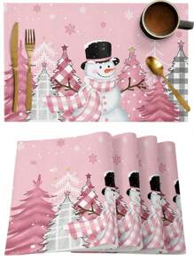 4 件装粉色雪人圣诞快乐餐垫、圣诞餐垫、餐桌餐垫、节日雪花树农舍乡村厨房餐厅餐垫适用于家庭派对装饰圣诞餐桌装饰，圣诞 - 彩色 - 查看 1