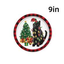 圣诞主题派对用品套装 - 包括圣诞树、花环、黑猫、圣诞帽、蝴蝶结、礼物、装饰灯等。圣诞黑猫主题。9 英寸和 7 英寸盘子、餐巾、一次性餐具。适用于节日、生日派对、活动装饰、万圣节、万圣节装饰 - 聖誕黑貓 - 查看 6