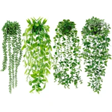 4 件装仿真悬挂植物，适用于架子，假盆栽绿植，仿桉树藤蔓、曼陀罗藤蔓、珍珠串、盆栽豌豆荚叶，适用于办公室客厅浴室室内室外装饰 - 綠色 - 查看 1