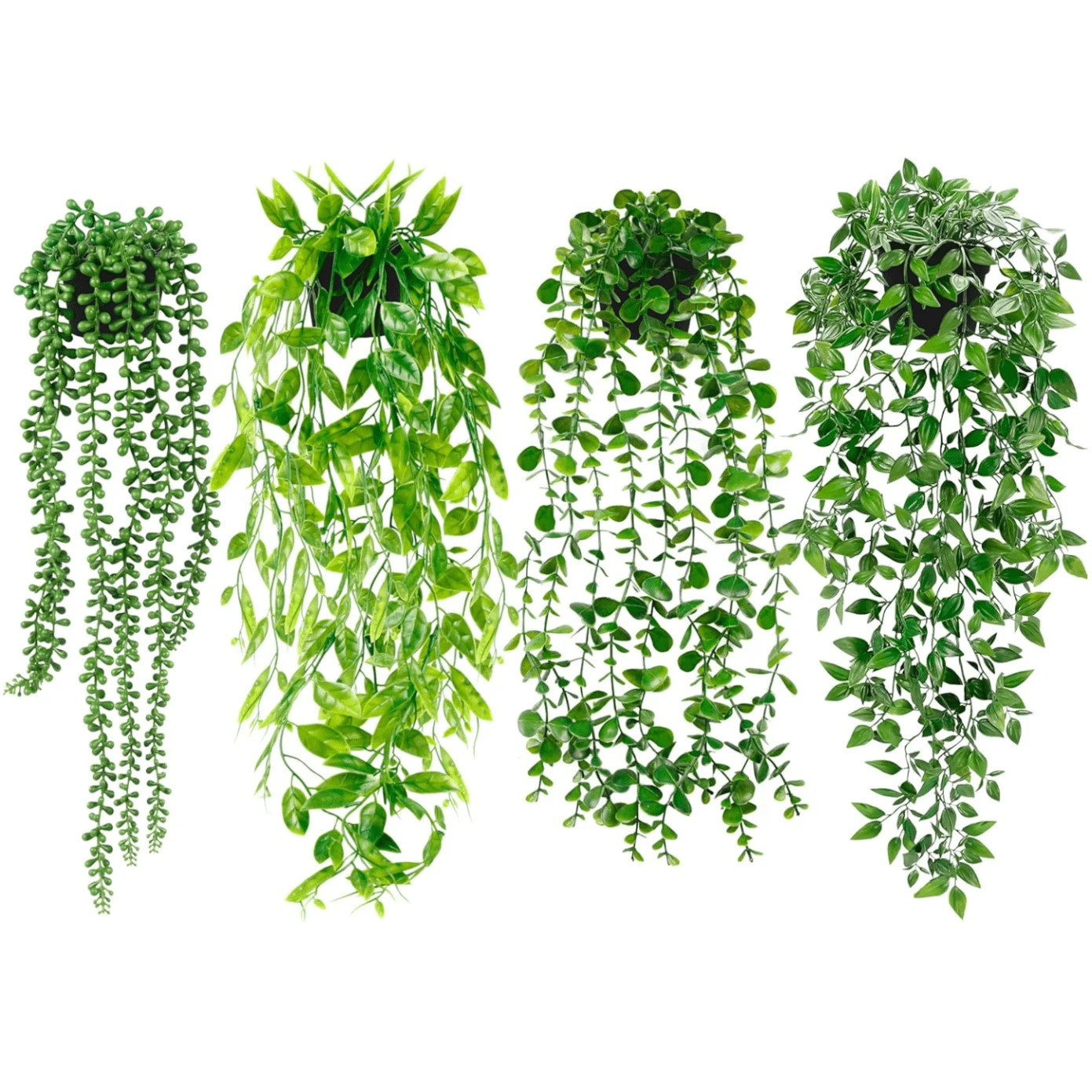 4 件装仿真悬挂植物，适用于架子，假盆栽绿植，仿桉树藤蔓、曼陀罗藤蔓、珍珠串、盆栽豌豆荚叶，适用于办公室客厅浴室室内室外装饰 - 綠色 - 查看 1