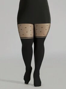 1 件女式超大号心形印花透明大腿高筒袜紧身裤，舒适弹力紧身裤 - 黑色 - 查看 4