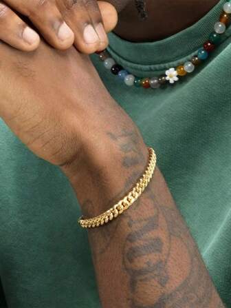 1 件钢镀 18K 简约风格链式手链，适合男士，链式，嘻哈和运动设计，适合派对、日常佩戴、节日毕业礼物