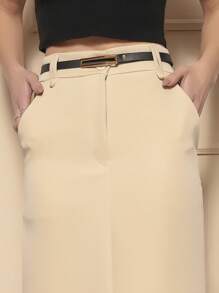 Women's Skirt With Belt Tailoring Comfort Central Slit Pocket - 米色 - 查看 3