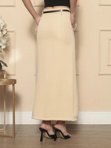 Women's Skirt With Belt Tailoring Comfort Central Slit Pocket - 米色 - 查看 5