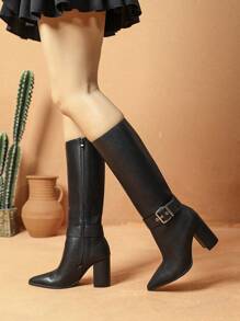 Autumn Winter New Fashionable Versatile Sexy Outdoor Black British Style Chunky Heel Pointed Toe Over-The-Knee Boots For Women