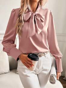 Women's Pink Satin Blouse With Bow Collar And Puff Sleeves - Elegant, Silky Top Suitable For Office And Formal Occasions, Showcasing Fashionable Style - Pink - View 1