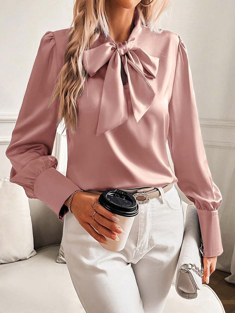 Women's Pink Satin Blouse With Bow Collar And Puff Sleeves - Elegant, Silky Top Suitable For Office And Formal Occasions, Showcasing Fashionable Style - Pink - View 1